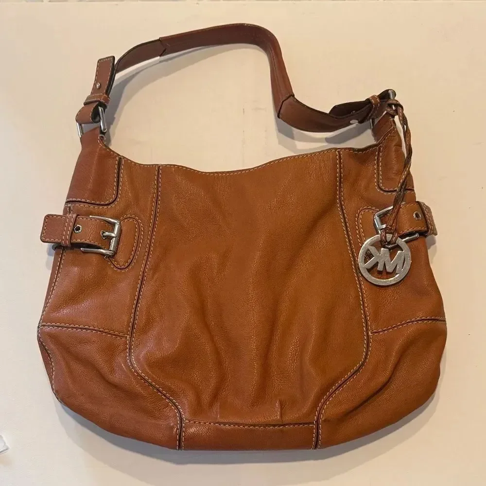Michael Kors Tan Leather Hobo Bag Brown Shoulder Purse Silver Hardware
